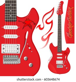 Detailed drawing of a red electric guitar with a character