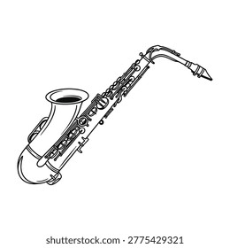 A detailed drawing of a saxophone, showcasing its keys and body, perfect for music-related projects and educational materials about musical instruments.