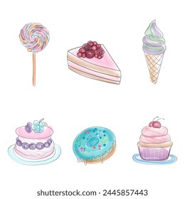 A detailed drawing showcasing various types of delectable cakes and desserts, including slices of cheesecake, cupcakes, and fruit tarts