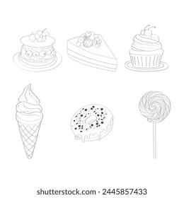 A detailed drawing shows various cakes and desserts, including cupcakes, pies, tarts, pastries, and cookies