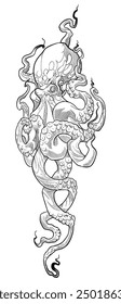 Diseño detallado del tatuaje del kraken del sketch del dibujo, el monstruo marino mítico con los tentáculos que envuelven 