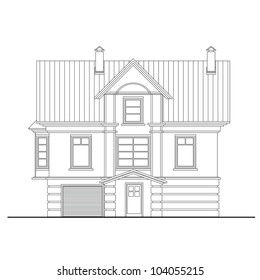 Detailed drawing of small house facade with masonry elements and profiles with rustic basement