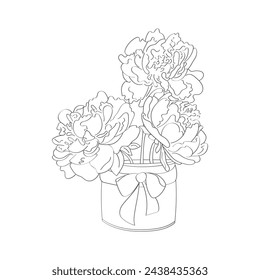 A detailed drawing of a vase filled with blooming peonies. The flowers are intricately hand-painted, adding a realistic touch to the artwork