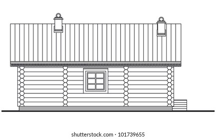 Detailed drawing of wooden sauna building, side facade with log elements, one window and decorative ornaments