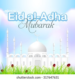 Detailed Drawings of the Mosque, Islamic Background Qurban Day Greeting Card, Flyer, Poster - English "Festival of the sacrifice, be Blessed" 