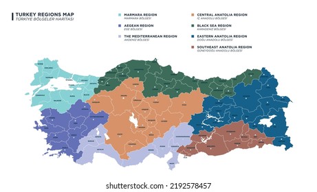 Detailed drawn Turkey map with seven geographical regions, vector illustration.