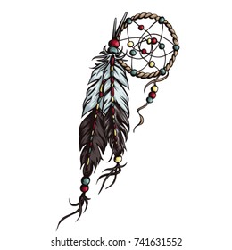 Detailed dream catcher vector illustration with beads and feathers. Hand drawn native american talisman; sleep protection.