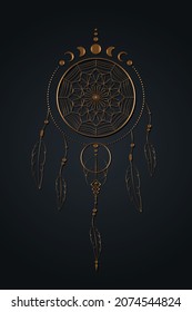 Detailed dreamcatcher with mandala ornament and Moon Phases. Gold Mystic symbol, Ethnic art with native American Indian boho design, vector isolated on black background 