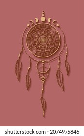 Detailed dreamcatcher with mandala ornament and Moon Phases. Gold Mystic symbol, Ethnic art with native American Indian boho design, vector isolated on old vintage pink background