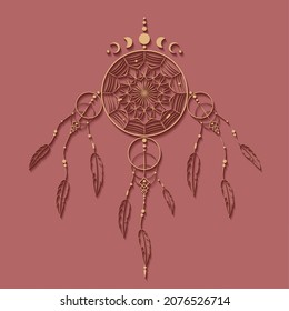 Detailed dreamcatcher with mandala ornament and Moon Phases. Gold Mystic symbol, Ethnic art with native American Indian boho design, vector isolated on old vintage pink background