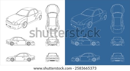 Detailed Drift Car Line Drawing Technical Blueprint Illustration