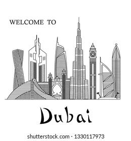 Detailed Dubai city line art vector illustration with famous skyscrapers. Dubai cityscape line vector.  