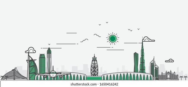 Detailed dubai line vector cityscape with skyscrapers and airport Premium Vector 