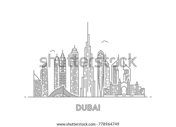 Detailed Dubai Line Vector Skyline Uae Stock Vector (Royalty Free ...