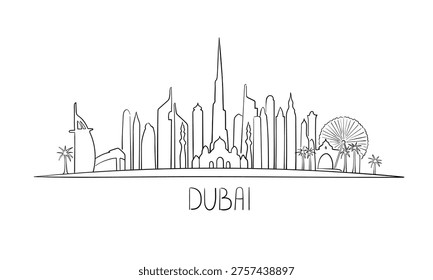 Detailed Dubai skyline, continious line drawing. Dubai buildings in line art style, perfect for modern designs. Vector illustration