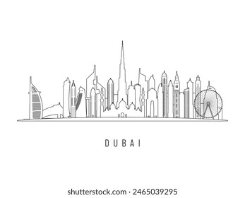 Ilustración vectorial detallada del horizonte de Dubai. Edificios de Dubái en estilo line art, perfectos para diseños modernos.