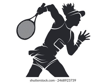 Detailed dynamic black silhouettes of female tennis player with racket in action pose isolated on white background. Design element with athlete woman playing tennis. Sport competition, championship