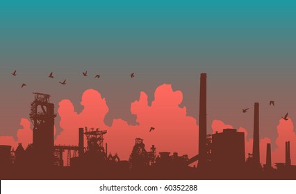 Detailed editable vector illustration of an industrial skyline
