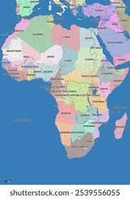Detailed editable vector map of Africa on English language. The map highlights countries boundaries, major cities, highways, rivers, and geographic features.