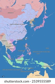 Detailed editable vector map of Asia Pacific on English language. The map highlights countries boundaries, major cities, highways, rivers, and geographic features.