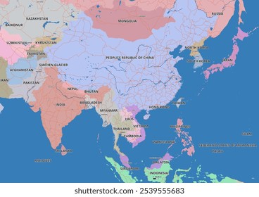 Mapa detallado del Vector editable de Asia en idioma inglés. El mapa destaca los límites de los países, las principales ciudades, carreteras, ríos y características geográficas.