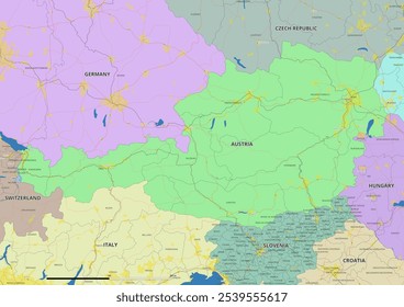 Detailed editable vector map of Austria on English language. The map highlights state boundaries, major cities, highways, rivers, and geographic features.