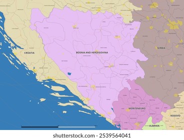 Detailed editable vector map of Bosnia And Herzegovina on English language. The map highlights state boundaries, major cities, highways, rivers, and geographic features.