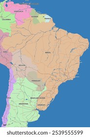 Detailed editable vector map of Brazil, Brasilia on English language. The map highlights state boundaries, major cities, highways, rivers, and geographic features.