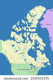 Detailed editable vector map of Canada on English language. The map highlights state boundaries, major cities, highways, rivers, and geographic features.