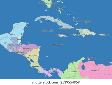 Detailed editable vector map of Central America on English language. The map highlights countries boundaries, major cities, highways, rivers, and geographic features.