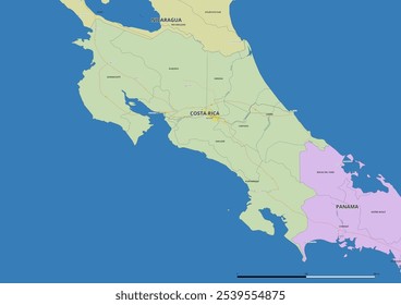 Detailed editable vector map of Costa Rica on English language. The map highlights state boundaries, major cities, highways, rivers, and geographic features.