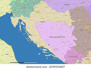 Mapa vetorial detalhado editável da Croácia em inglês. O mapa destaca fronteiras estaduais, grandes cidades, rodovias, rios e características geográficas.