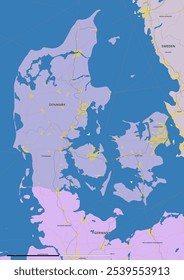 Detailed editable vector map of Denmark on English language. The map highlights state boundaries, major cities, highways, rivers, and geographic features.