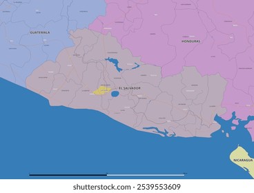 Detailed editable vector map of El Salvador on English language. The map highlights state boundaries, major cities, highways, rivers, and geographic features.