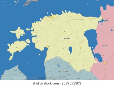 Detailed editable vector map of Estonia on English language. The map highlights state boundaries, major cities, highways, rivers, and geographic features.