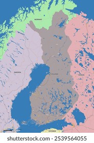 Detailed editable vector map of Finland on English language. The map highlights state boundaries, major cities, highways, rivers, and geographic features.