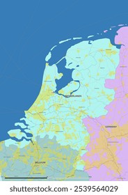 Mapa detallado y editable del Vector de Holanda, Países Bajos en idioma inglés. El mapa destaca los límites estatales, las principales ciudades, carreteras, ríos y características geográficas.