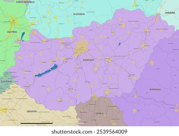 Mapa vetorial detalhado editável da Hungria em inglês. O mapa destaca fronteiras estaduais, grandes cidades, rodovias, rios e características geográficas.