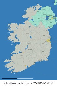Detaillierte editierbare Vektorkarte Irlands auf Englisch. Die Karte zeigt Staatsgrenzen, Großstädte, Autobahnen, Flüsse und geografische Merkmale.