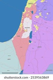 Detailed editable vector map of Israil on English language. The map highlights state boundaries, major cities, highways, rivers, and geographic features.
