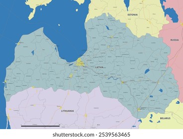 Detailed editable vector map of Latvia on English language. The map highlights state boundaries, major cities, highways, rivers, and geographic features.