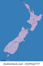 Detailed editable vector map of New Zealand on English language. The map highlights state boundaries, major cities, highways, rivers, and geographic features.