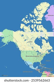 Detailed editable vector map of North America on English language. The map highlights countries boundaries, major cities, highways, rivers, and geographic features.