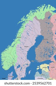 Mapa vetorial detalhado editável da Noruega em inglês. O mapa destaca fronteiras estaduais, grandes cidades, rodovias, rios e características geográficas.