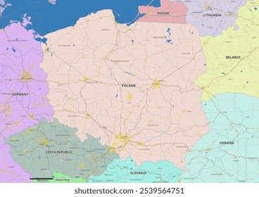 Detailed editable vector map of Poland on English language. The map highlights state boundaries, major cities, highways, rivers, and geographic features.