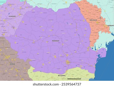 Detailed editable vector map of Romania on English language. The map highlights state boundaries, major cities, highways, rivers, and geographic features.