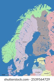 Mapa vetorial editável detalhado da Escandinávia em inglês. O mapa destaca fronteiras estaduais, grandes cidades, rodovias, rios e características geográficas.