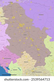 Detailed editable vector map of Serbia on English language. The map highlights state boundaries, major cities, highways, rivers, and geographic features.