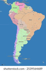 Detailed editable vector map of South America on English language. The map highlights countries boundaries, major cities, highways, rivers, and geographic features.