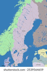 Detailed editable vector map of Sweden on English language. The map highlights state boundaries, major cities, highways, rivers, and geographic features.